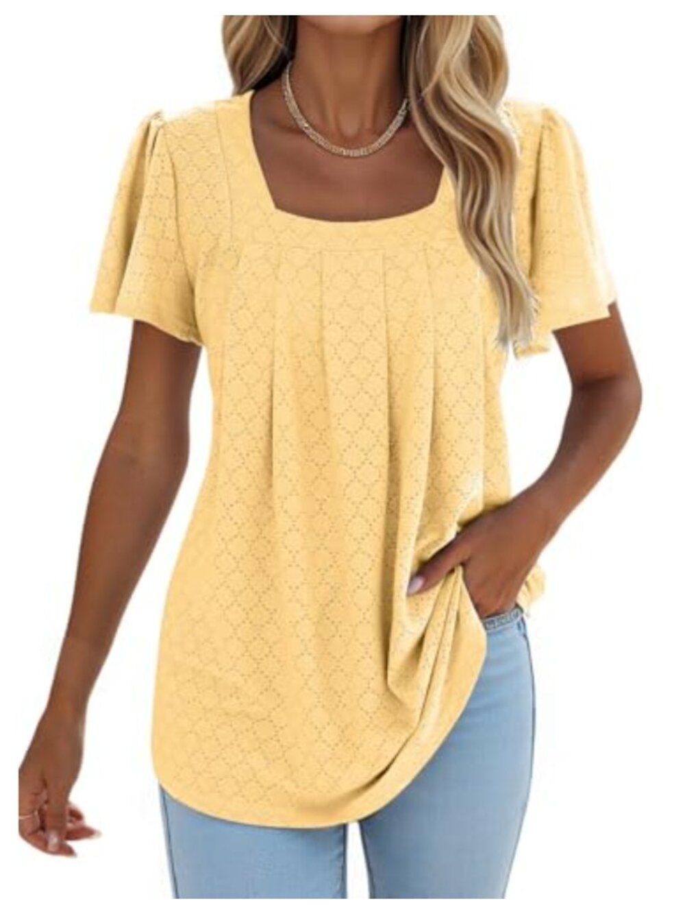 Women Pleated Square Neck Ruffle Sleeve Tunic Curved Hem Casual Loose